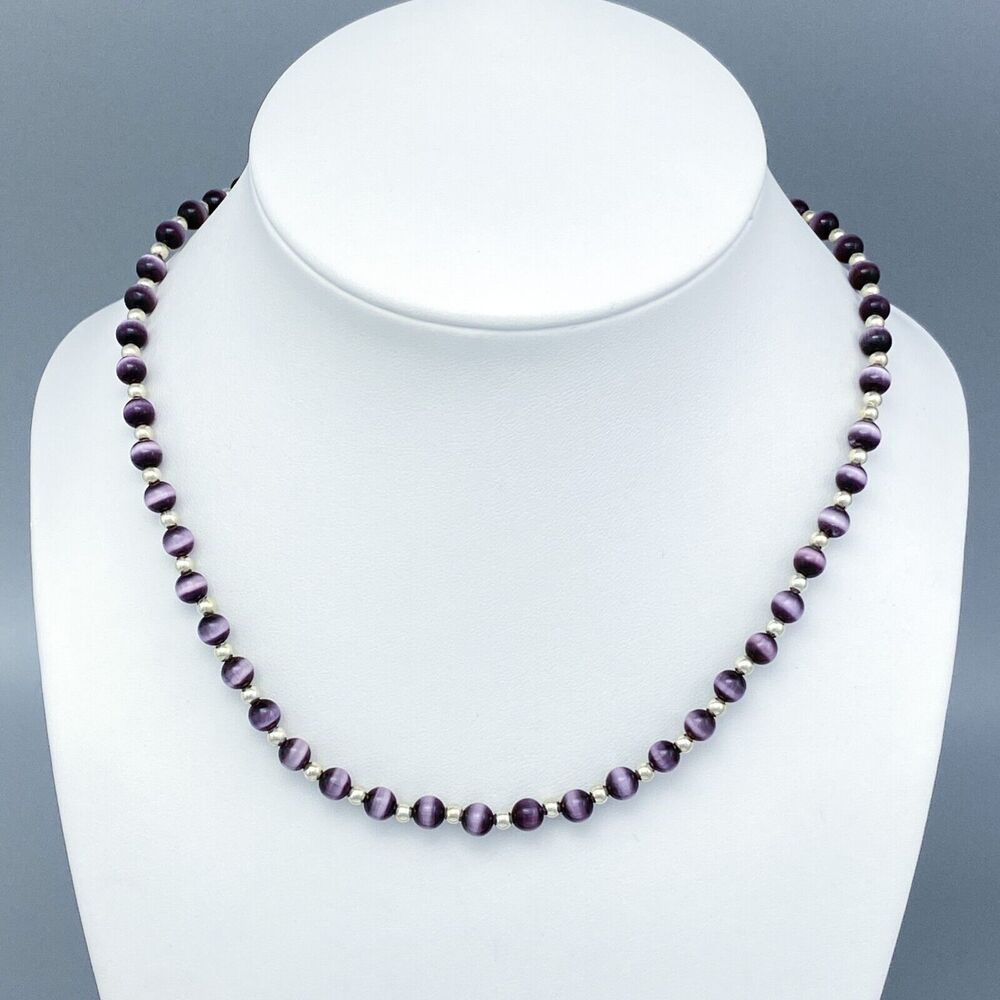 Beaded Purple Cat's Eye Necklace | Sterling Silver 925 | 16"-17.5"